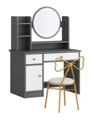 Sminkasztal LED tükörrel és székkel – Többzónás tárolás és tágas asztallap, szürke-fehér 80x40x128 cm