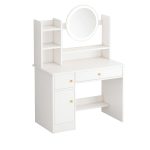   Sminkasztal LED tükörrel – Többzónás tárolás és tágas asztallap, fehér, 80x40x128 cm