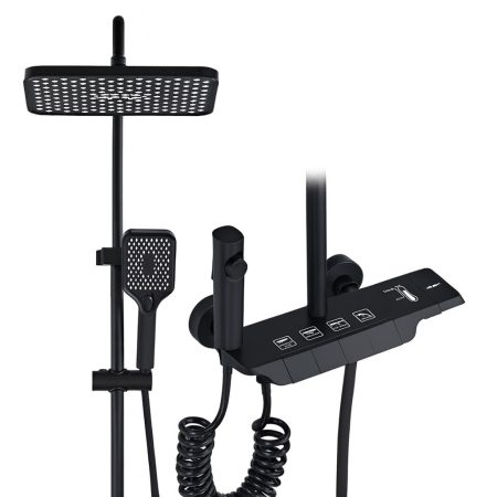 Prémium Piano zuhanyszett 4 vízkimenettel – esőztető fejjel és kézi zuhannyal, fekete