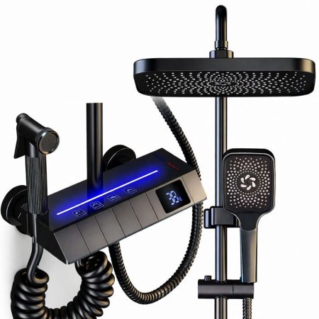 Prémium Piano zuhanyszett digitális kijelzővel – esőztető fejjel és kézi zuhannyal, fekete