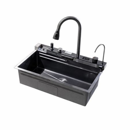 Prémium digitális kijelzős multifunkciós  konyhai mosogató digitális kijelzővel 80x45 cm - Beépített poháröblítővel, 360°-ban forgatható, kihúzható csaptelep vízesés funkcióval