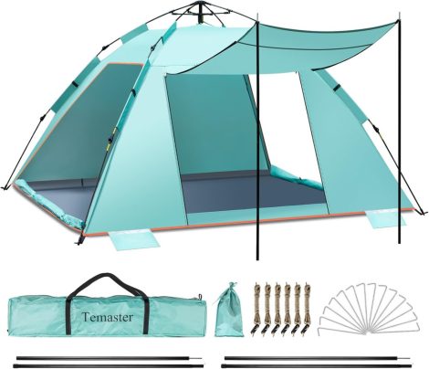 Temaster 3-4 személyes automata Strand Sátor 3 előtetővel – UV 50+ napvédelem, 220 × 200 × 130 cm Temaster 3-4 személyes automata Strand Sátor 3 előtetővel – UV 50+ napvédelem, 220 × 200 × 130 cm