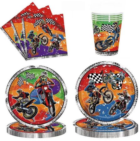 20 fős Motocross Dirt Bike születésnapi party dekorációs szett – komplett bulikellék csomag motorcross rajongóknak