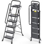   KINGRACK 5-step folding ladder, black, with fixed tool holder and side handrails - 360 kg maximum load capacity