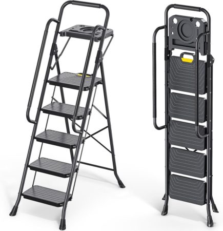 KINGRACK 5-step folding ladder, black, with fixed tool holder and side handrails - 360 kg maximum load capacity KINGRACK 5-step folding ladder, black, with fixed tool holder and side handrails - 360 kg maximum load capacity