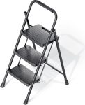 KINGRACK 3-Step Folding Ladder, Black, with Safety Lock