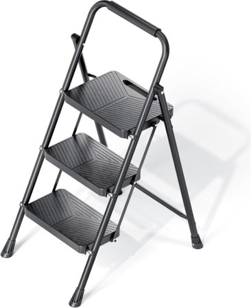KINGRACK 3-Step Folding Ladder, Black, with Safety Lock KINGRACK 3-Step Folding Ladder, Black, with Safety Lock