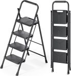 KINGRACK 4-step folding ladder, black, with safety latch