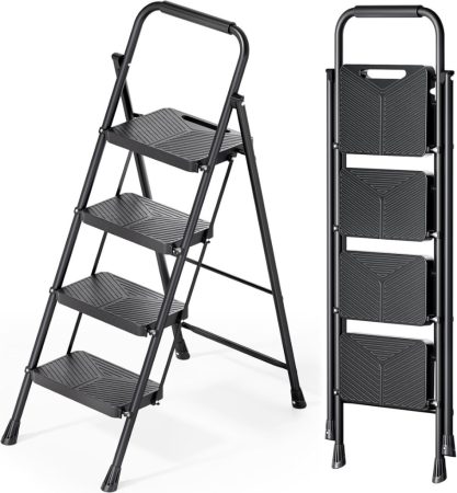 KINGRACK 4-step folding ladder, black, with safety latch KINGRACK 4-step folding ladder, black, with safety latch