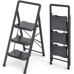KINGRACK 3-Step Folding Step Ladder, Black