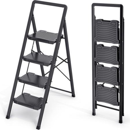 KINGRACK 4-Step Folding Step Ladder, Black KINGRACK 4-Step Folding Step Ladder, Black