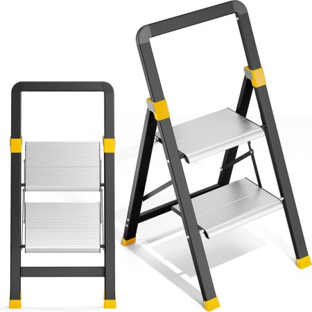 KINGRACK 2-step aluminum folding step ladder, black and silver