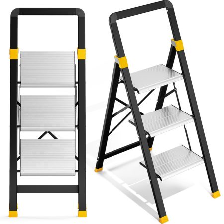 KINGRACK 3-Step Aluminum Folding Step Ladder, Black and Silver