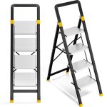   KINGRACK 4-step aluminum folding step ladder, black and silver