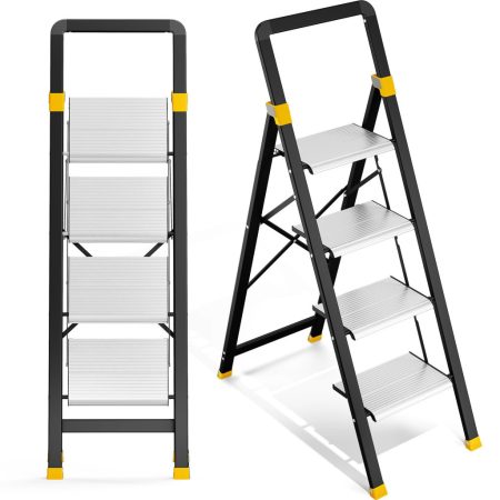 KINGRACK 4-step aluminum folding step ladder, black and silver KINGRACK 4-step aluminum folding step ladder, black and silver