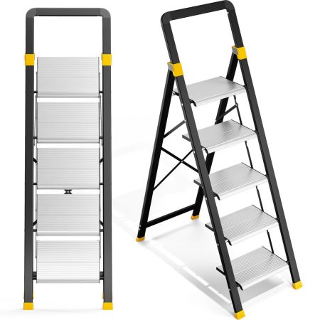 KINGRACK 5-step aluminum folding stepladder, black and silver