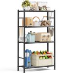 KINGRACK 4-Tier Metal Storage Shelf with Side Hooks, Black
