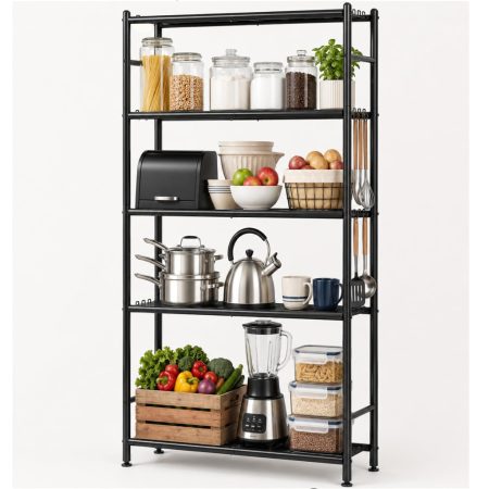 KINGRACK 5-Tier Metal Storage Shelf with Side Hooks, Black