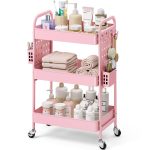   KINGRACK 3-Tier Rolling Storage Cart with Perforated Side Panels, Pink