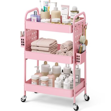 KINGRACK 3-Tier Rolling Storage Cart with Perforated Side Panels, Pink