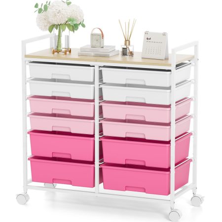 KINGRACK Rolling Storage Cart with 12 Drawers, Pink