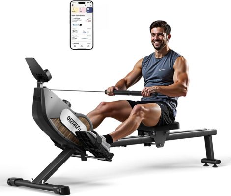 ONETWOFIT Foldable Magnetic Rowing Machine, 16 Levels, Bluetooth, Black