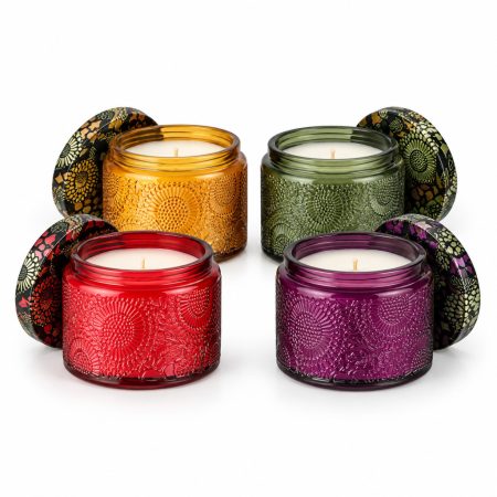 Decorative scented candle in a patterned glass jar with a lid – 4 colors