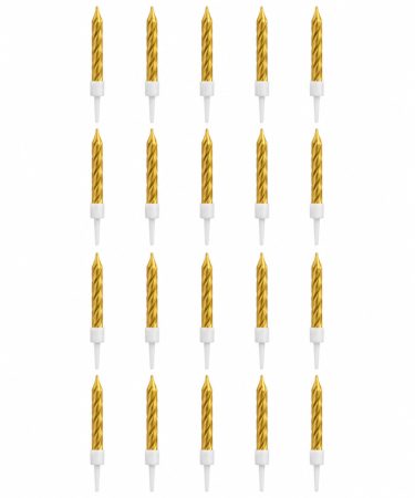 Gold spiral-patterned cake candles with white holders, 20-pack