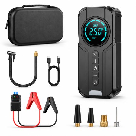 5 az 1-ben autós bikázó powerbank digitális kompresszorral – 1000A, LED lámpával