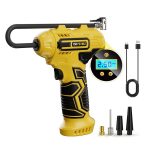   Battery-powered portable air compressor with digital display – 150 PSI, automatic shut-off, LED light