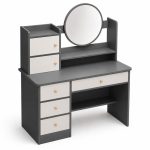   Vanity table with built-in LED lighting, mirror, and 6 drawers; gray and white; 80x40x128 cm