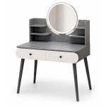   Vanity Table with Round LED Mirror and Storage Shelves – Gray and White