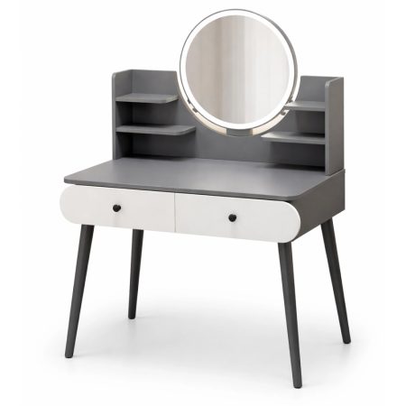 Vanity Table with Round LED Mirror and Storage Shelves – Gray and White